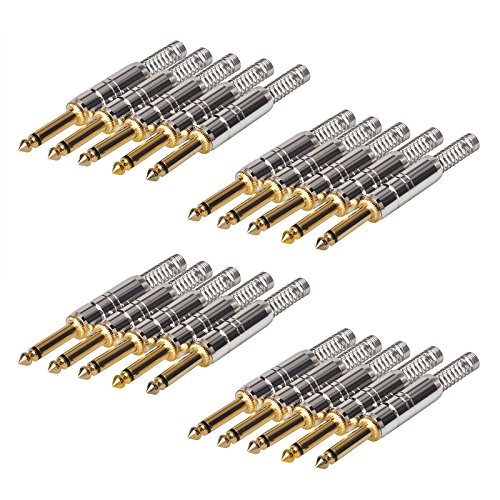 20 Pack 1/4" Audio Connector Plugs 6.35mm TS Mono Metal Jack W/Spring 1/4 Inch Adapter for VCD Microphone Speaker/Patch Cables Solder Type