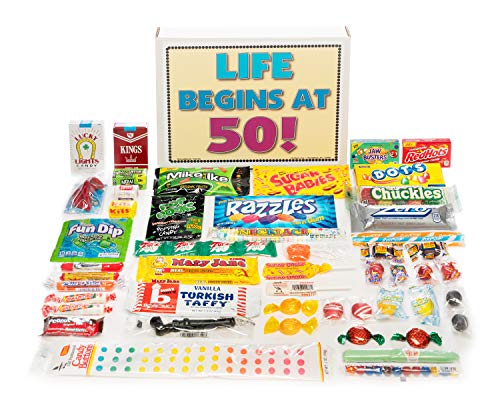 RETRO CANDY YUM 50th Birthday Gift Basket Box - Milestone Birthday Gift Ideas for Women and Men Turning 50 - Childhood Candy 50th Birthday Gifts for Dad Mom