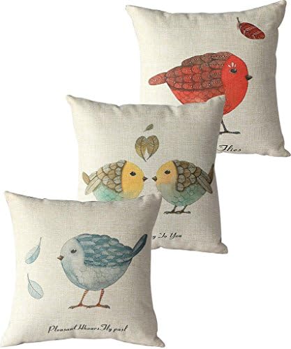 Vococo Set of 3 Country Lovely Birds Cotton/linen Sofa Cushions Decorative Pillow Cover 17"