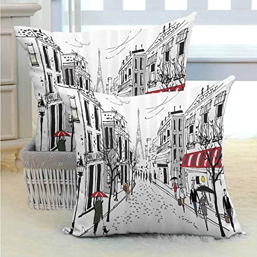 SEMZUXCVO Paris Decor Square Pillowcase Illustration of Old French Pedestrians Stores Trees and The Silhouette of Eifffel Urban Design Machine Washable W14 x L14 inch Multi