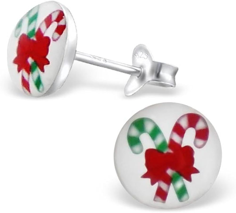 Candy Cane Earrings Round 925 Stering Silver Post Studs
