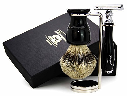 Haryali London 3 Piece Double Edge Safety Razor Set for Men – Silver Tip Badger Hair Brush, DE Safety Razor & Shaving Stand – Wet Shaving Kit in Black, Perfect Grooming Gift for Men