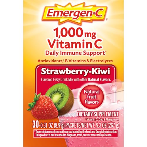 EMERGEN-C 1000MG VITAMIN C IMMUNE SUPPORT POWDER STRAWBERRY KIWI 30CT INCLUDES ZINC, MANGANESE, 7 B VITAMINS AND ELECTROLYTES FOR BACK TO SCHOOL ESSENTIALS
