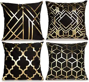 CHU CI Set of 4 Throw Pillow Covers Decorative Gold Foil Geometric Cushion Case for Sofa Bedroom 18 ×18 Inch (Black)