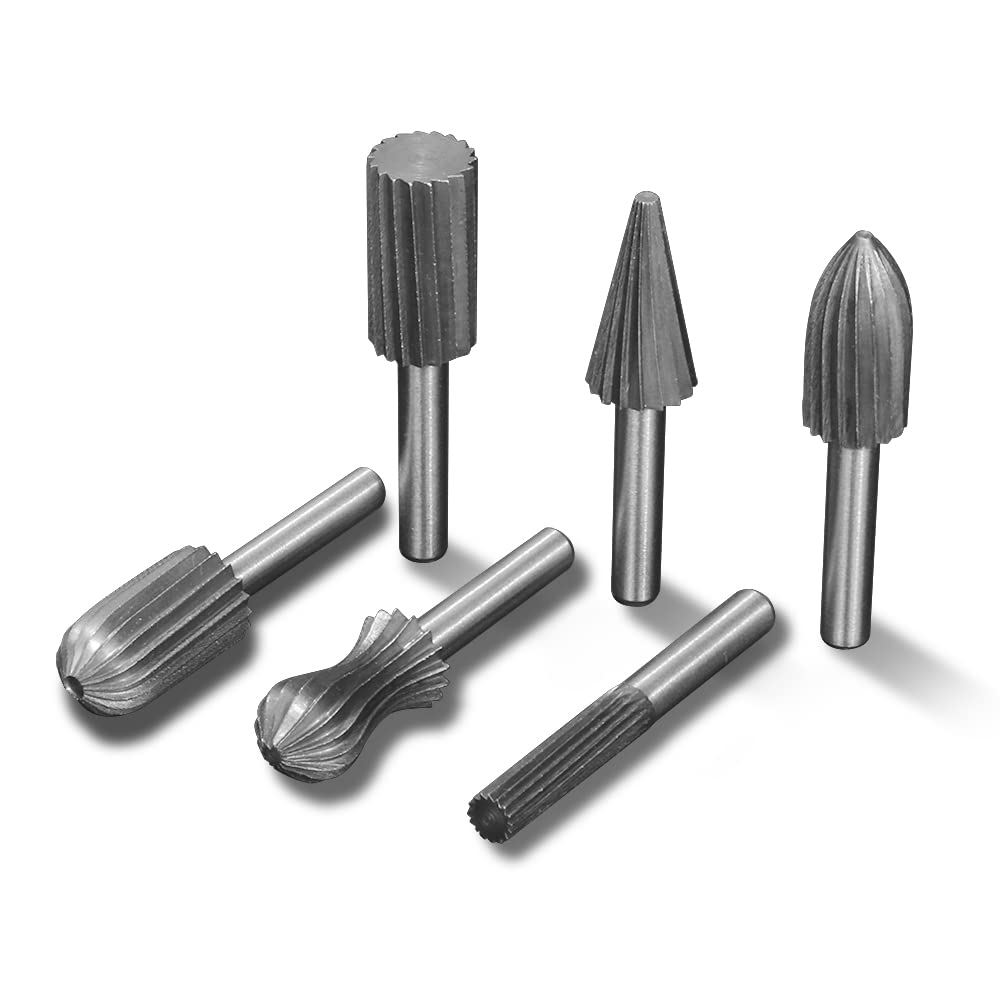 SI FANG 6Pcs Bearing Steel Rotary Burr Set with 6mm Shank, Wood Carving File Rasp Drill Bits Cylinder Tungsten Carbide Rotary File Cutter, Die Grinder Bits Deburring Tools for Metal Resin Jade Stone