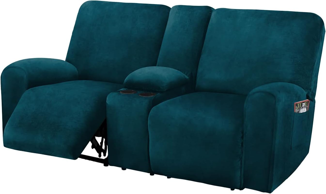 Photo 1 of ULTICOR Ultimate Decor Reclining Love Seat with Middle Console Slipcover, 8-Piece Velvet Stretch Loveseat Reclining Sofa Covers, 2 seat Love seat Recliner Cover, Thick, Soft, Washable, (Deep Teal)
