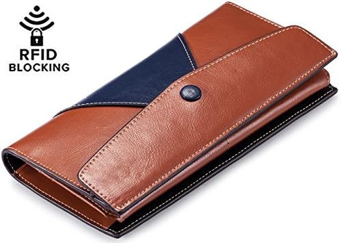 OBRAVE Womens Large Leather Wallets RFID Blocking Ladies Bifold Card Organizer Wallet with Zipper Pocket Brown