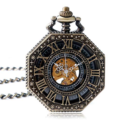 Vintage Pocket Watch, Octagon Roman Numbers Mechanical Pocket Watch for Men, Hollow Hand Wind Pocket Watch Gift - JLYSHOP