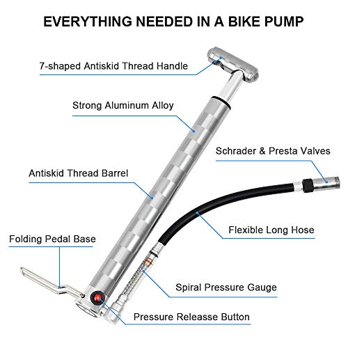 2018-Upgraded Bike Pump Portable High Pressure Mini Bicycle Floor Pump 160PSI Compatible with Presta Schrader Valve Pressure Gage Aluminum Alloy Bike Tire Pump for Road Mountain BMX Bikes Silver