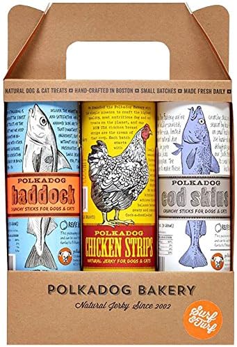 Polkadog Surf & Turf 3-Pack Dog Treats, Cat Snacks โ Includes Chicken Strips, Cod Skins and Haddock Snack Pack โ All-Natural, Locally-Sourced, Single Ingredient Training Treat