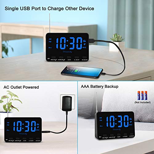 DreamSky Alarm Clock Radio for Bedroom Small Digital Clock with USB Port, Outlet Powered with