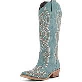 pinokino Cowboy Boots For Women Knee High Western Cowgirl Boots Snip Toe Side Zipper Chunky Heel