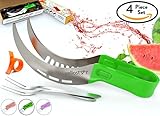 Vellostar Watermelon Slicer Corer Cutter Tongs and Server Set, with ss304 Serving Fork & Orange Peeler, Kitchen-Grade 304 Stainless Steel, Ergonomic Handle, Watermelon Knife, Green