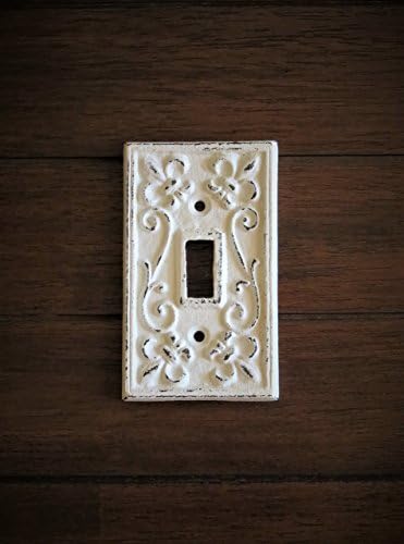 Single Light Switch Cover Toggle Hand Painted Cast Iron Fleur De Lis Antique White Distressed