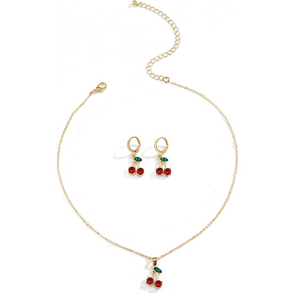 Yecomsy Cute Cherry Necklace & Earrings Set - Kawaii Fruit Jewelry For Women, Boho Summer Style