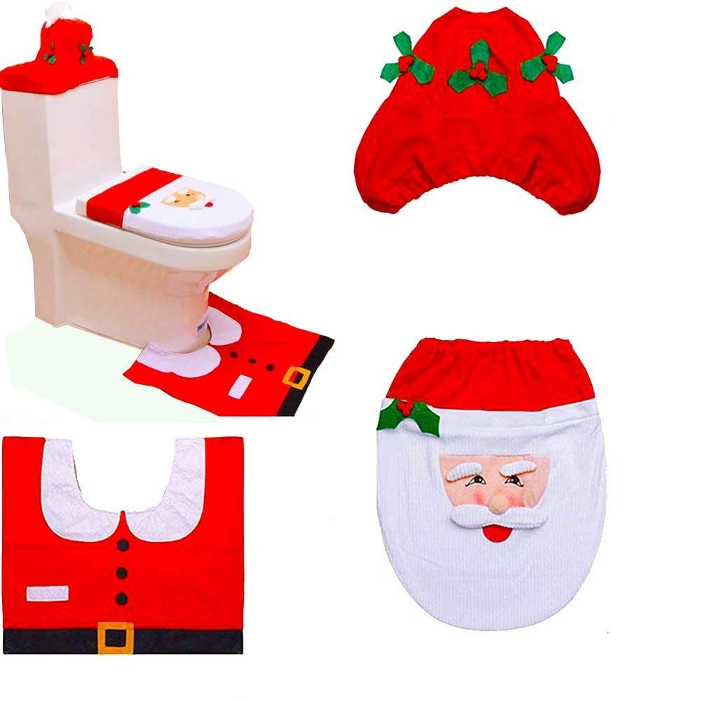 SHATCHI Christmas Santa Toilet Seat Cover and Mat Bathroom Set Festive Xmas Home Decor Party Accessories 3pcs, Red, One Size