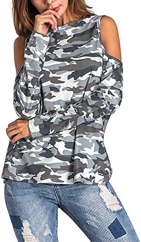 Wordbuy Women's Camo Cold Shoulder Long Sleeve Casual Club Short Blouses Tops