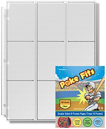 JAPAN QUALITY- Poke Fits Non Slip Sports Trading Card Protectors Clear (50 Count) Double Sided 9 Pockets Page (Total 18 Pockets for a sheet) For Collecting Card Binder