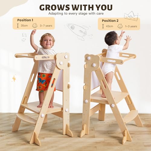 Labebe Learning Tower for Children, 3 in 1 Montessori Foldable Observation Tower, Multifunctional Adjustable Learning Tower with Double-Sided Board from 1 Year (Wood)