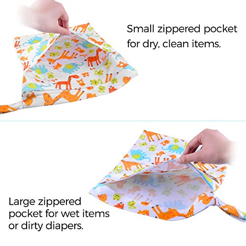 OFUN 2 Packs Baby Wet and Dry Bag for Cloth Diapers , Waterproof Travel Cloth Diaper Bag Nappy Organizer Bag with 2 Pocket