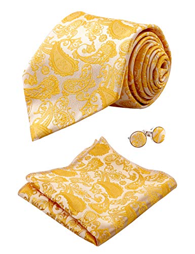 Alizeal Men's Paisley Tie Gift Set Hanky Cufflinks Neckties Suit Accessories (Yellow)