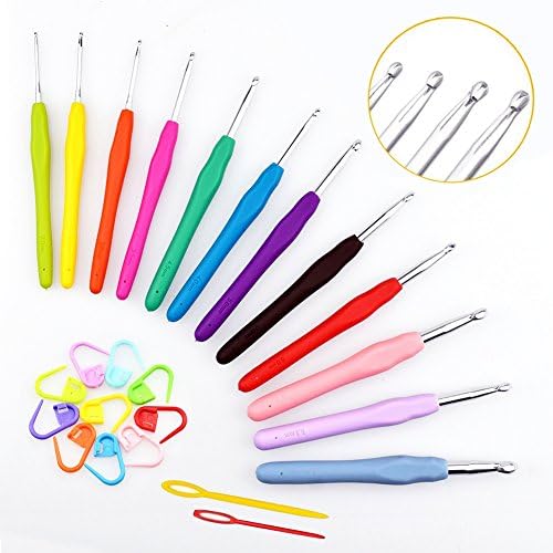 Crochet Hooks Set Needles Ergonomic Soft Handles with CROCHET INSTRUCTION for Any Patterns &amp; Yarns 2-8mm+2Yarn Needles, 10Knitting Clips