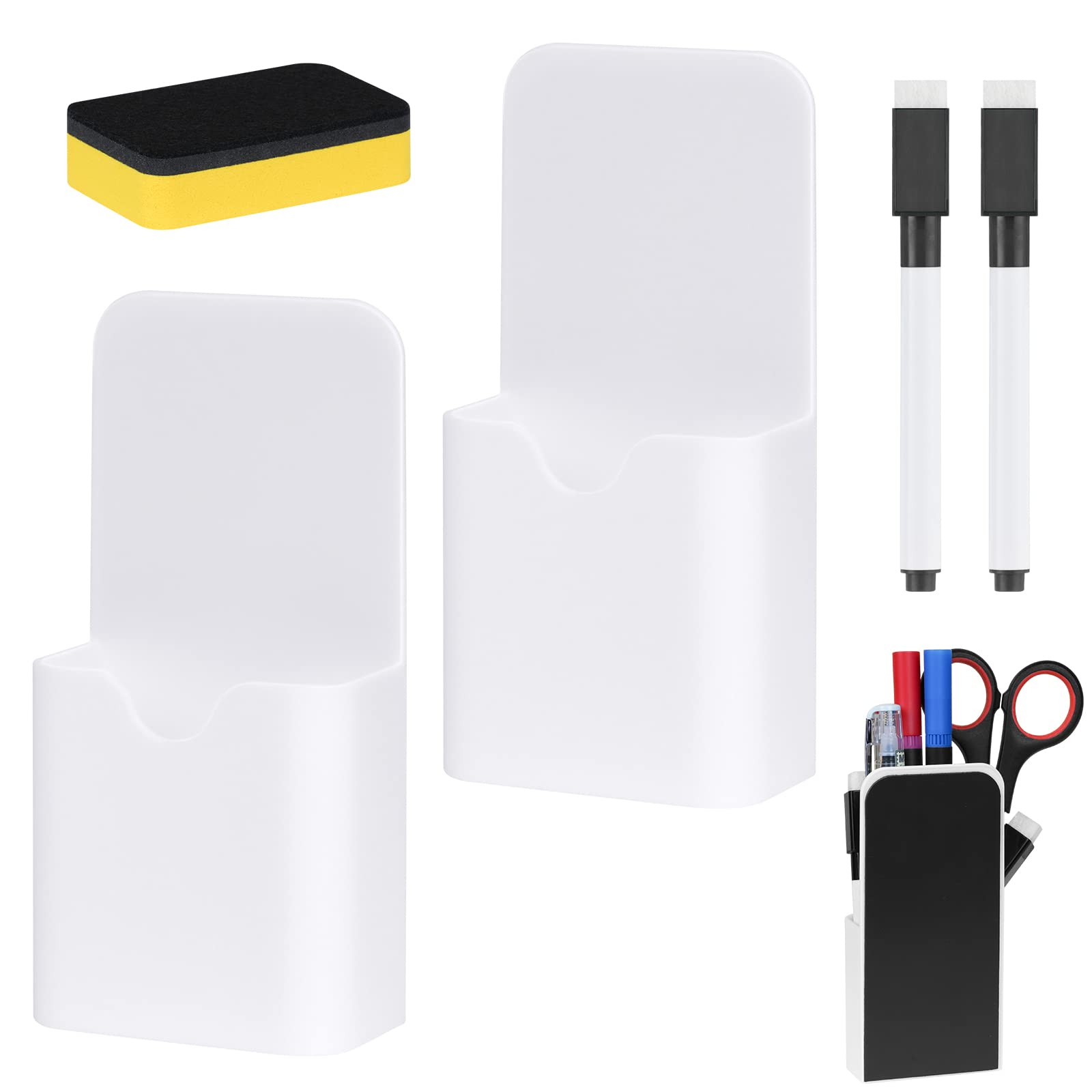 OFFCUP Magnetic Marker Holder, 2pcs Magnetic Pen Holder, Magnetic Cup Holder Whiteboard Pen Holder with 2 Dry Erase Marker and Blackboard eraser for Whiteboard, Office, Home, School (S)