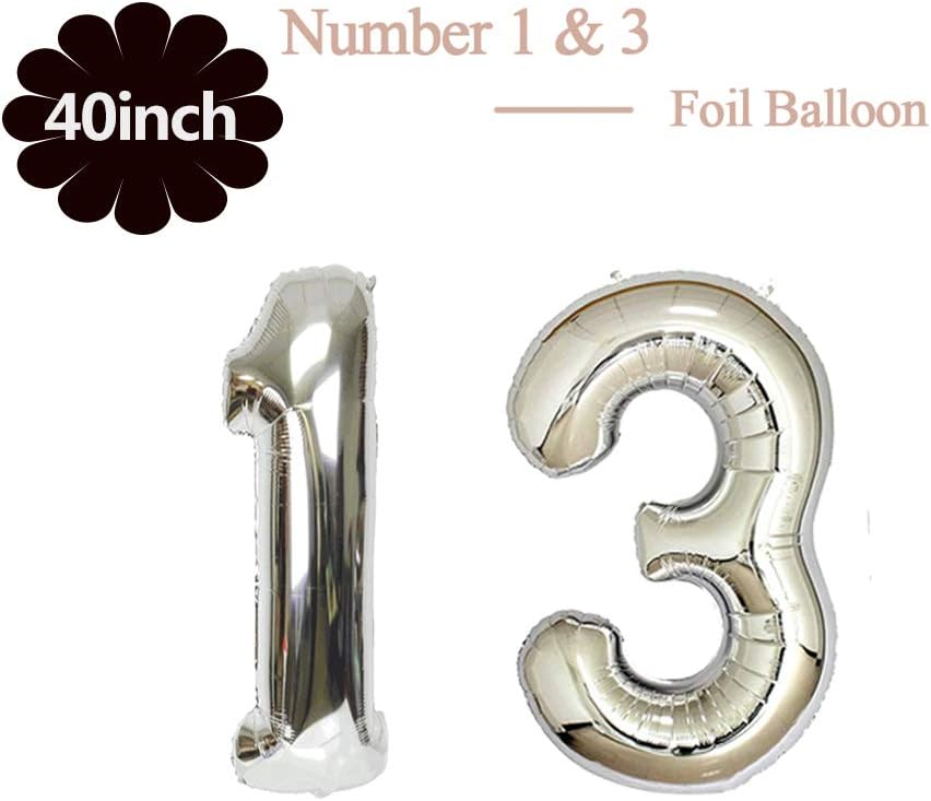 AULE 40 Inch Jumbo Silver Foil Mylar Number Balloons for Boy Girl 13th Birthday Party Decorations 13 Years Old Anniversary Party Supplies