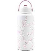 32 oz Insulated Water Bottle with Straw, Bow Water Bottle Stainless Steel with Flip Straw and Handle, Leak Proof, Metal, Reusable, Wide Mouth, for Travel, Gym and School (Breeze Pink Bow)