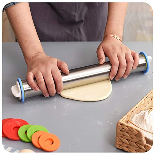 Rolling Pin and Silicone Dough Mat Set, Stainless Steel Dough Roller with 4 Removable Adjustable Thickness Rings, Rolling Pins for Baking Pizza Crust, Pie, Pastries, Pasta and Cookies