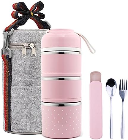 Bento Lunch Box For Kids Students and Adult - Vitalt Stainless Steel Insulated Lunch Box Leakproof Office Snack Food Storage Container with Lunch Bag Carrier，Spoon and Fork Cutlery Set (pink (3-Tier))