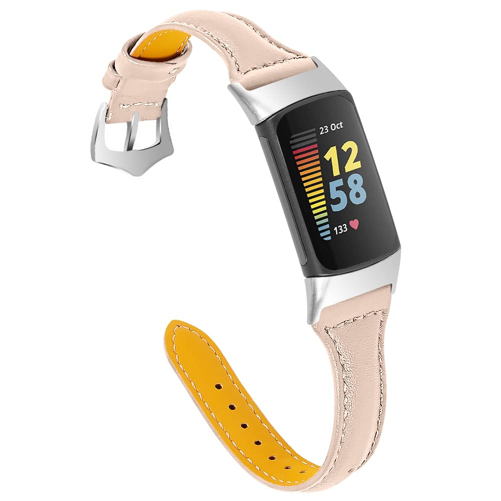 Gimuk Leather Strap Compatible with Fitbit Charge 5, Women Men Genuine Leather Sport Band Replacement Watch Strap Wristband Bracelet for Charge 5 Fitness Tracker (Apricot)
