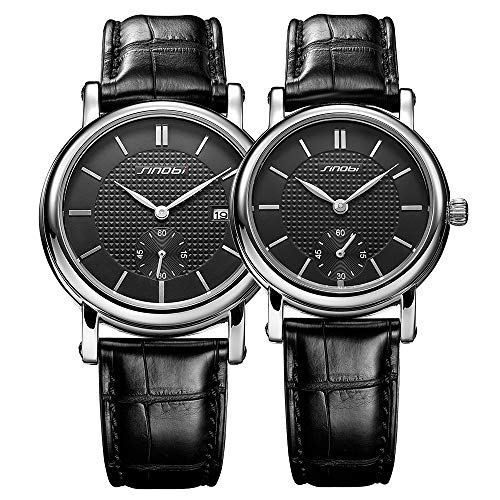 SINOBI His Hers Couple 2pcs Chronograph Leather Band Wrist Watches for Couples, Set for Valentines Gift