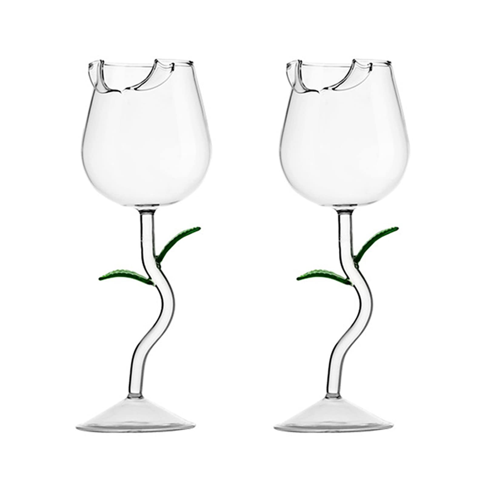 JYCRA 2 PCS Rose Shaped Cocktail Cup,Creative Flower Shaped Red Wine Glasses with Lifelike Leaves for Wedding Bar Party,Green