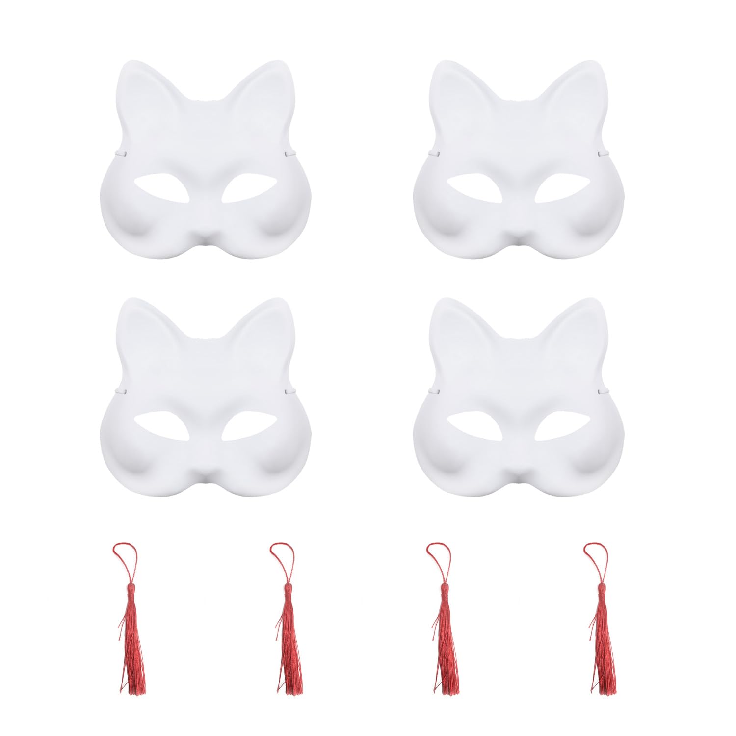GVSAVY 4 White Cat Masks, 4 Red Tassels, Artistic Blank Fox Cat Masks, Paintable DIY Painted Masks,Hand-painted Masks Suitable for Halloween, Carnival, Masquerade and Parties