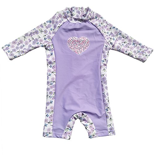 BONVERANO Kids UPF 50+ Sun Protection 3/4 Sleeve One Piece Zip Sun Suit with Sun Hat (3-6 Months, Lavender)
