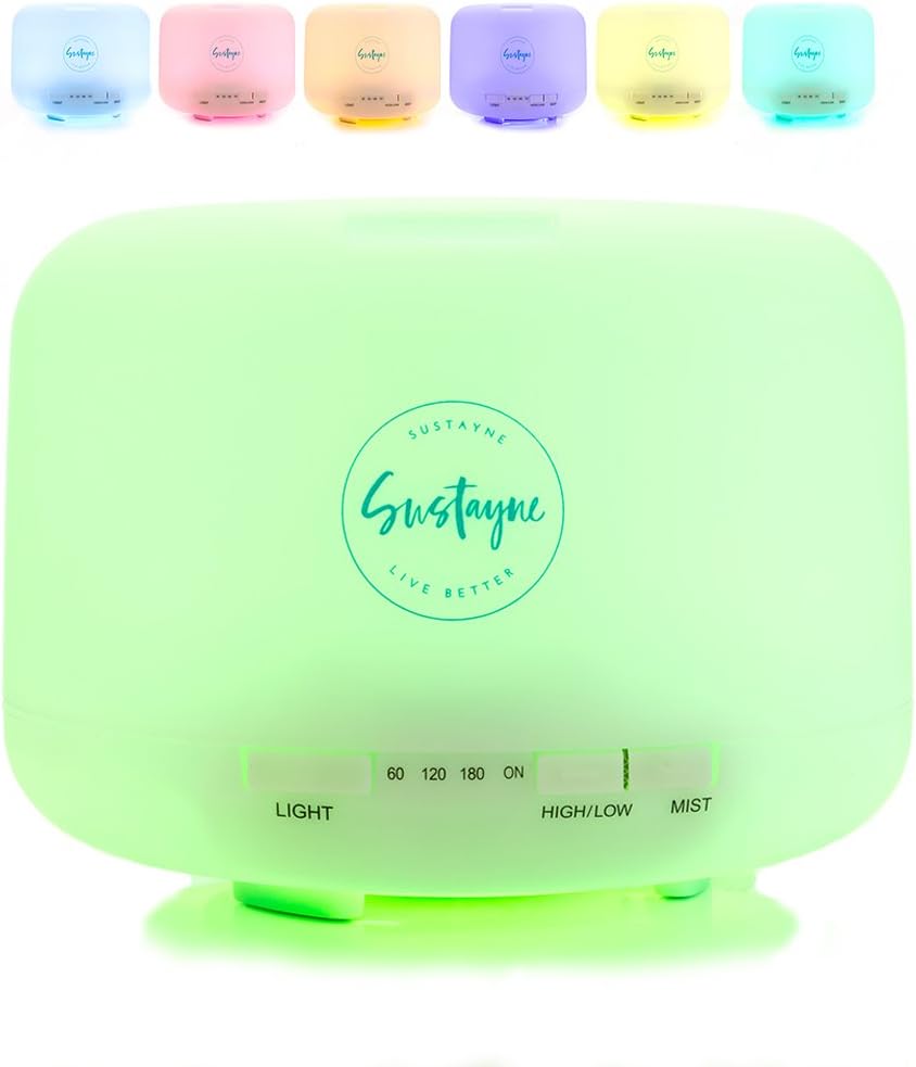 Aromatherapy Diffuser & Humidifier 500ML Essential Oil Cool Mist Ultrasonic Vaporizer 10 Hours of Continuous Spray, Color LED Lights, Timer, Auto Shut-Off, Purify Your Home Office Baby Room Sustayne
