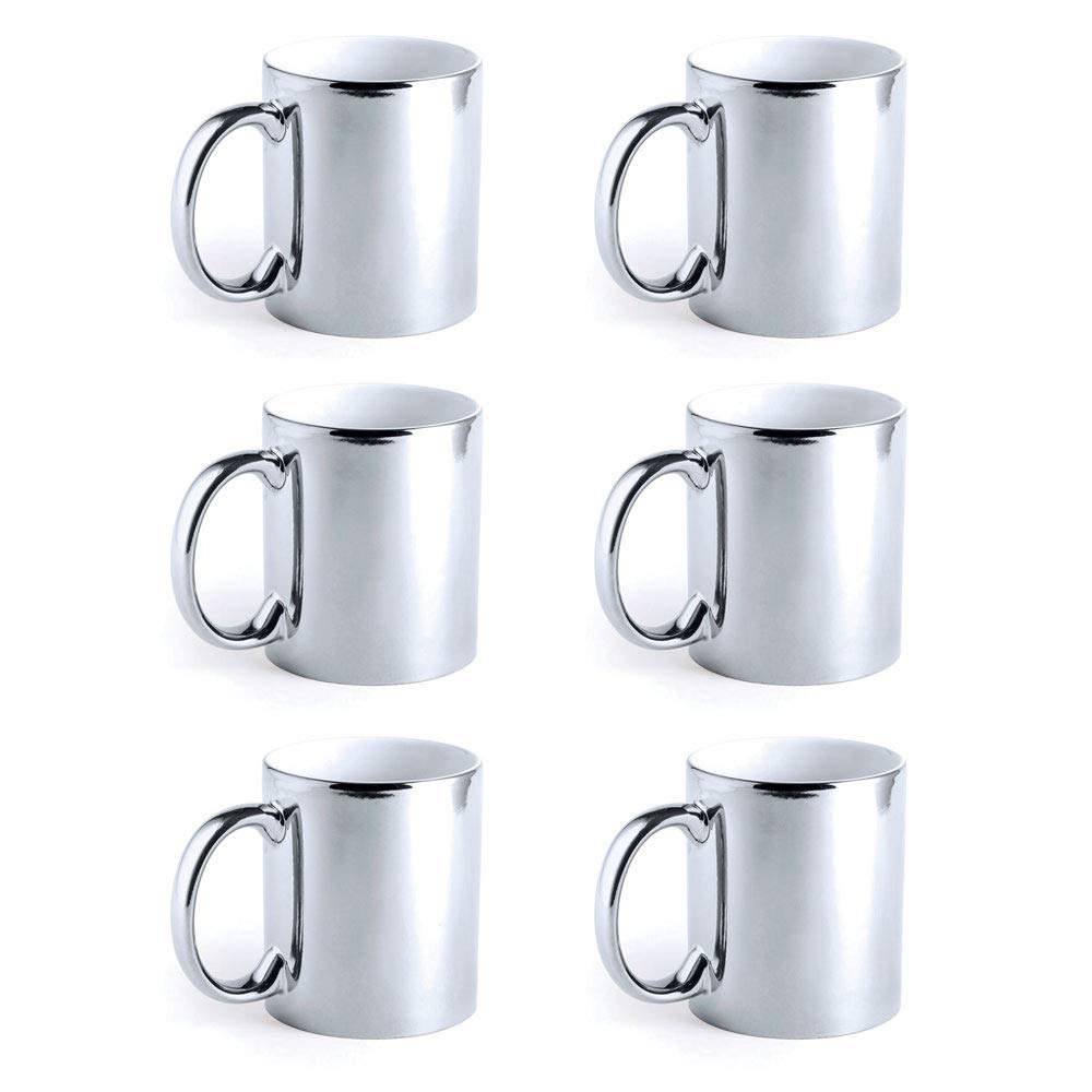 eBuyGB Metallic Large 350ml Ceramic Tea Coffee Mugs, Set of 6 (Silver)