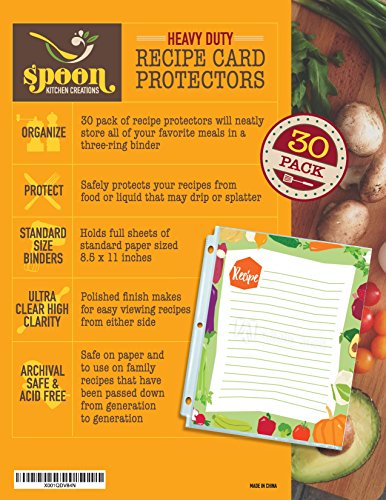 Heavy Duty Recipe Protectors, Holds Standard 8.5" x 11" Paper, 30 Pack, Reinforced Holes, Refill Sheets For 3 Ring Binders