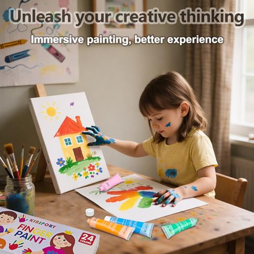 KINSPORY Pinturas de Dedos para Niños 24 x 36 ml – Pinturas Lavables para Niños Pequeños, No Tóxicas, Seguras para Manos y Pies, Materiales Artísticos Preescolares Regalos Creativos