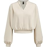 CIDER Womens V Neck Long Sleeve Crop Top Going Out Casual Loose Fit Sweatshirt Pullover