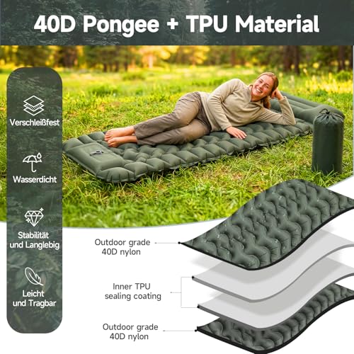 HAUSPROFI Sleeping Mat Camping Air Mattress Extra Wide Ultralight Inflatable - with Integrated Cushion & Foot Pump, 196 x 70 x 9 cm, 40D TPU, Small Pack Size for Outdoor & Travel