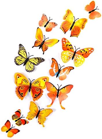 EMMALOO 24 pack Butterfly 3D wall decals stickers magnetic magnets kids wall art decorations baby girls nursery decorations kitchen art decor crafts refrigerator (Yellow/Orange)