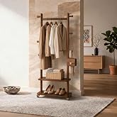 Taitiy Coat Rack Freestanding Solid Wood Clothes Rack with Wheels | Space Saving,Stable 5 Hooks 2 Shelves Coat Tree,Silent 360 Degree Wheels,Heavy Duty 150 lb Capacity for Entryway Bedroom