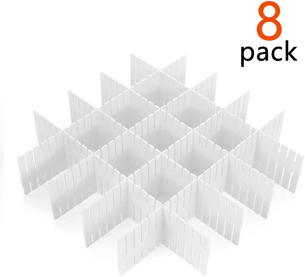 8 Pcs Plastic DIY Grid Drawer Divider Household Necessities Storage Thickening Housing Spacer Sub-Grid Finishing Shelves for Home Tidy Closet Stationary Socks Underwear Scarves Organizer (White)