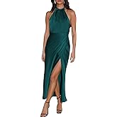 BEOVR 2026 Summer Satin Halter Neck Backless Slit Midi Dresses Elegant Cowl Back Ruched Wedding Guest Maxi Dress for Women