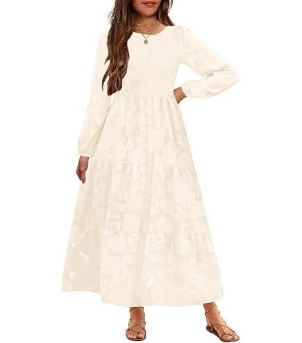 HOSIKA Girls Maxi Dress Long Sleeve Swiss Dot Tiered Flowy Fall Dresses