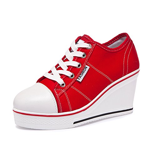 Sokaly Women's Canvas Shoes Wedge Heeled Platform Sneaker Fashion Pump Shoes Red