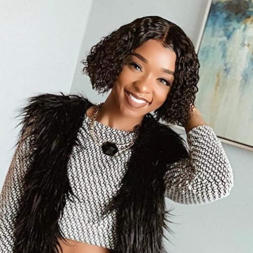 WIGNEE Curly Wigs Lace Closure Brazilian Human Hair 4x4 Lace Closure Middle Part Wigs Natural Black (10 Inch)