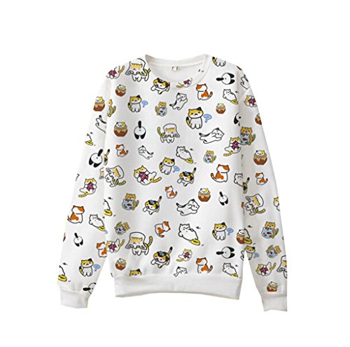 Cartoon Game Neko Atsume Cute Cat Sweater Cotton Polyester Unisex Sweatshirt L White